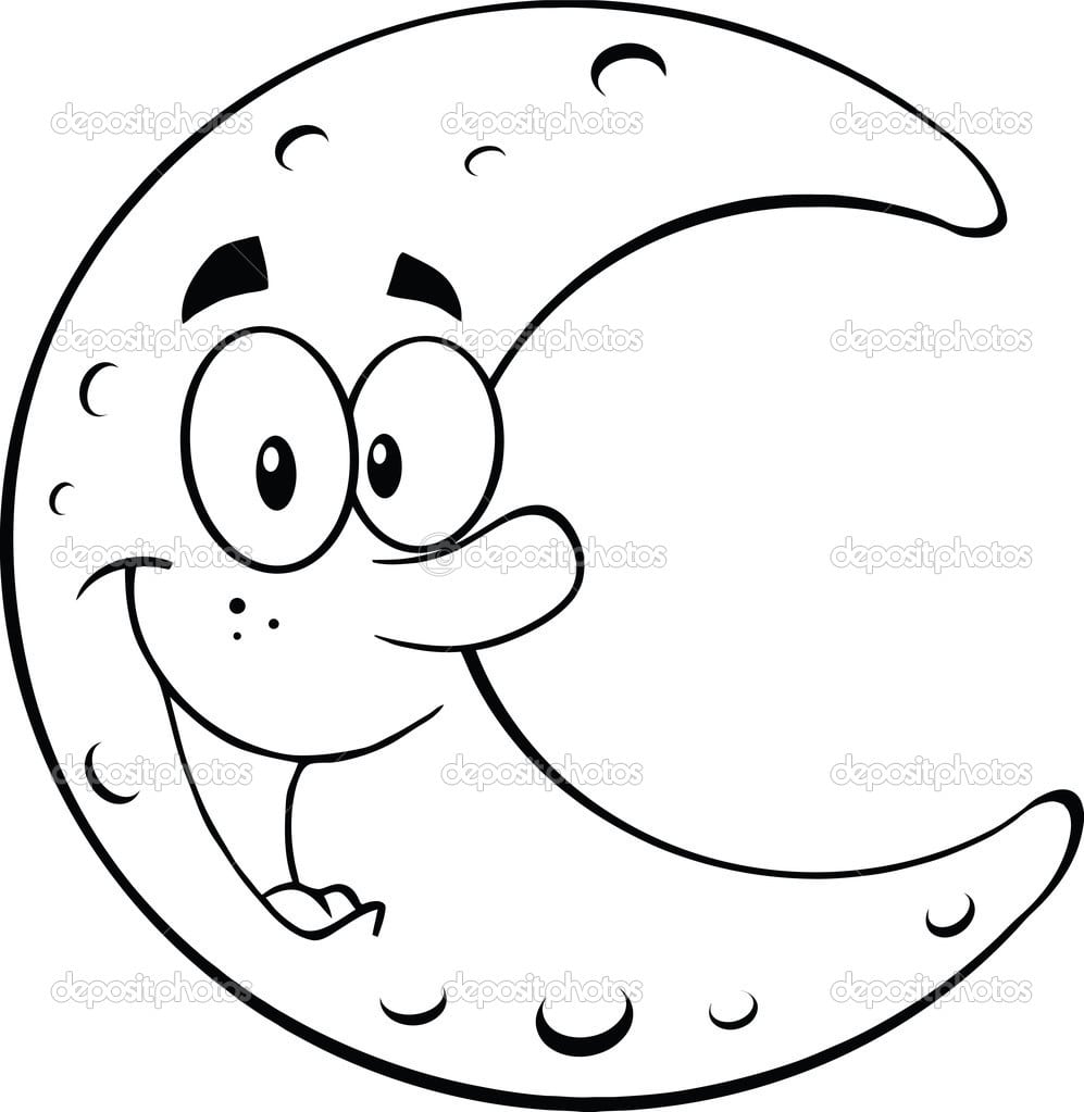Preto E Branco, Sorrindo Lua Personagem Mascote De Desenho Animado