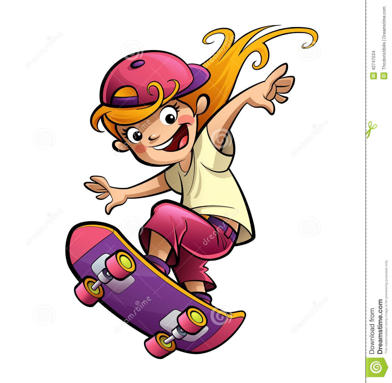 Cartoon Happy Smiling Kid Girl With Skateboard In Sport Mood Stock