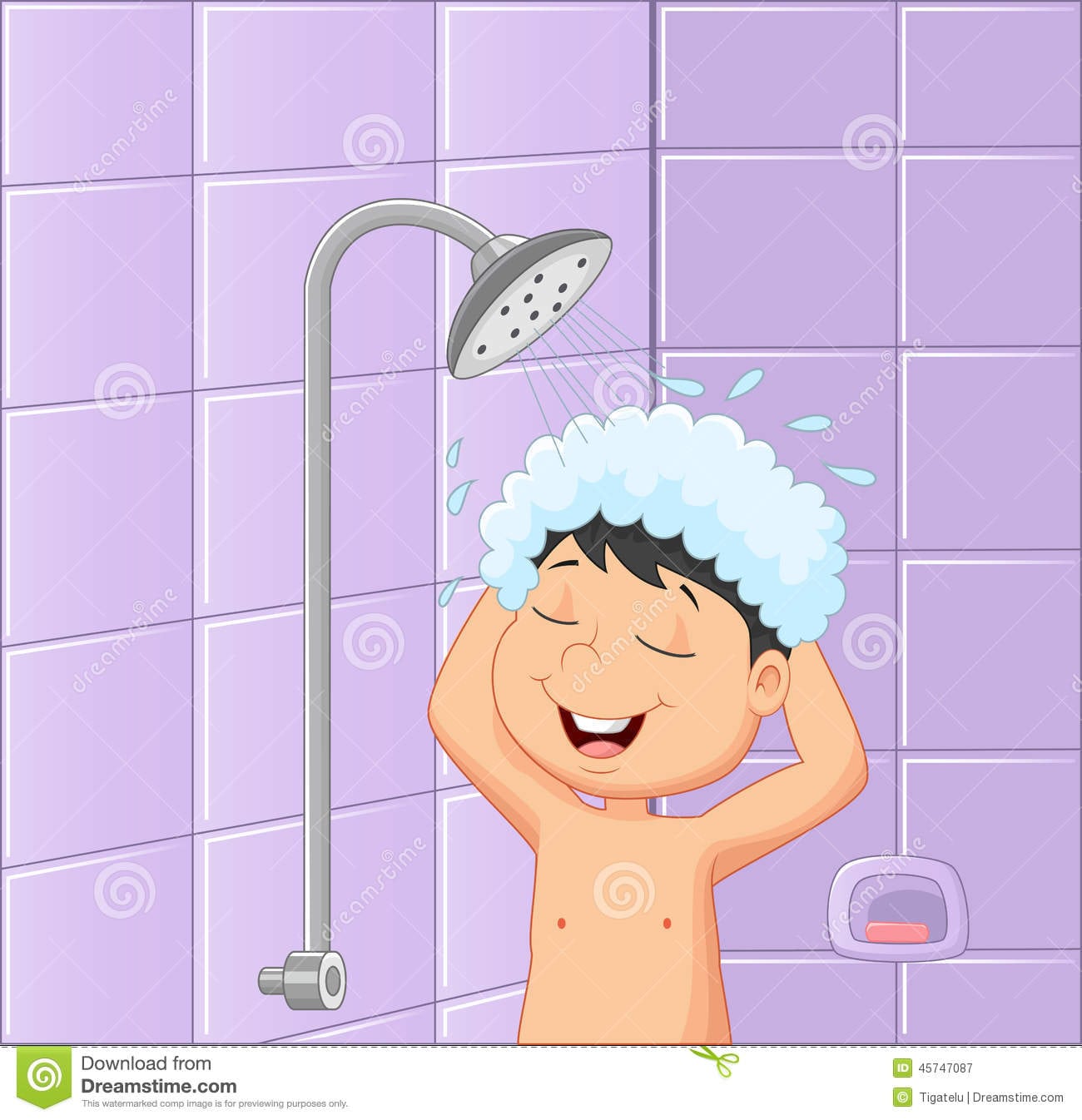 Desenhos Animados Do Menino Em Uma Sala Do Banho Que Toma Um