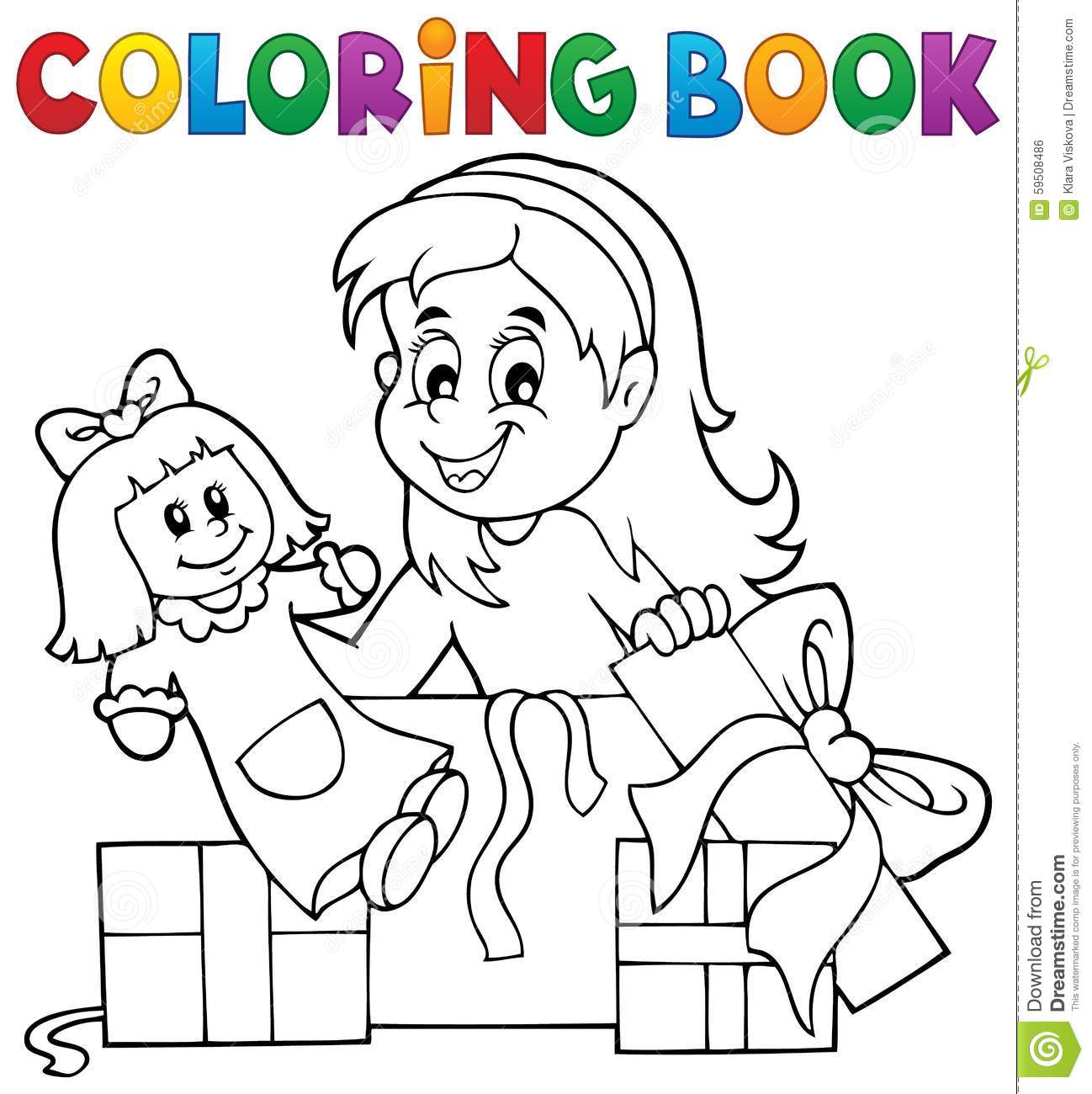 Menina Do Livro Para Colorir Com Boneca E Presentes IlustraÃ§Ã£o Do