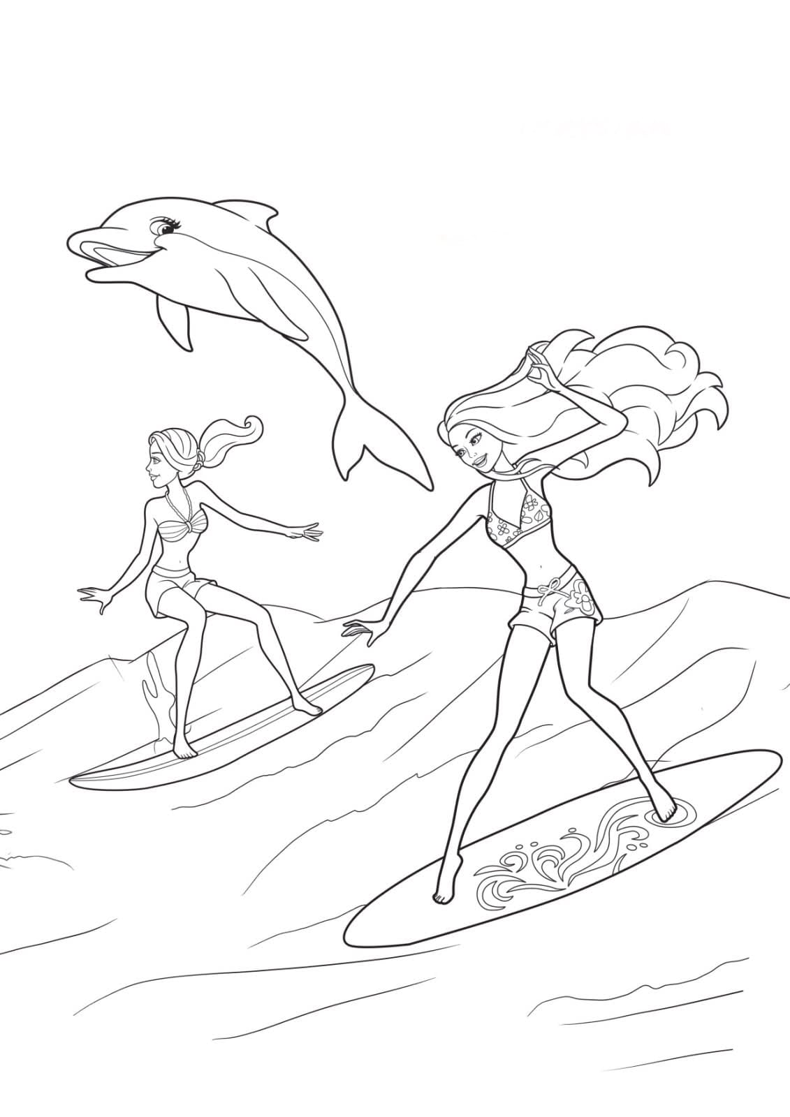 Desenho De Barbie Sereia E Prancha De Surfe Para Colorir
