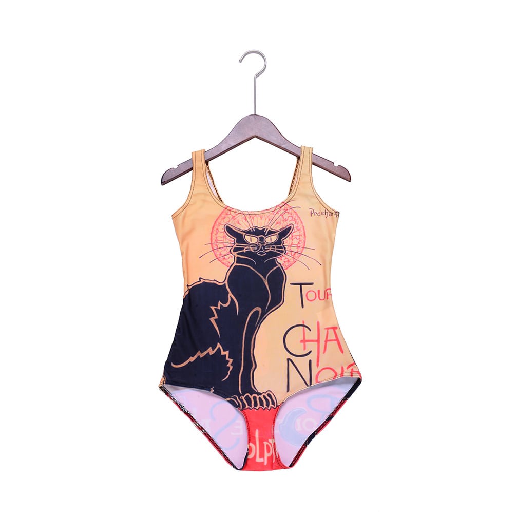 Le Chat Noir Black Cat Imprimir One Piece Swimwear Bodycon Sexy