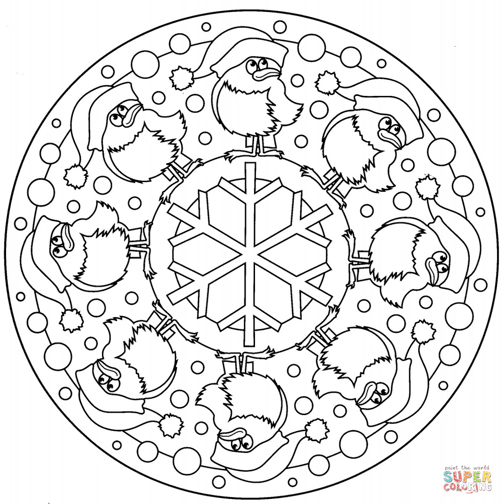 Christmas Mandala With Birds And Snowflake Coloring Page
