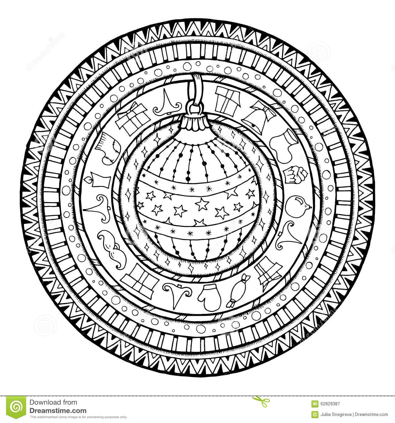 Doodle Christmas Ball On Ethnic Mandala  Stock Vector