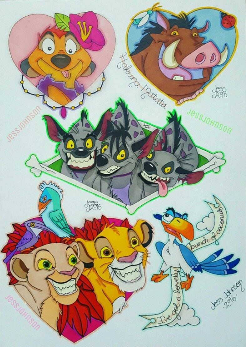 An A4  Lionking  Tattoo  Flash Sheet!  Simba  Nala  Timon  Pumba