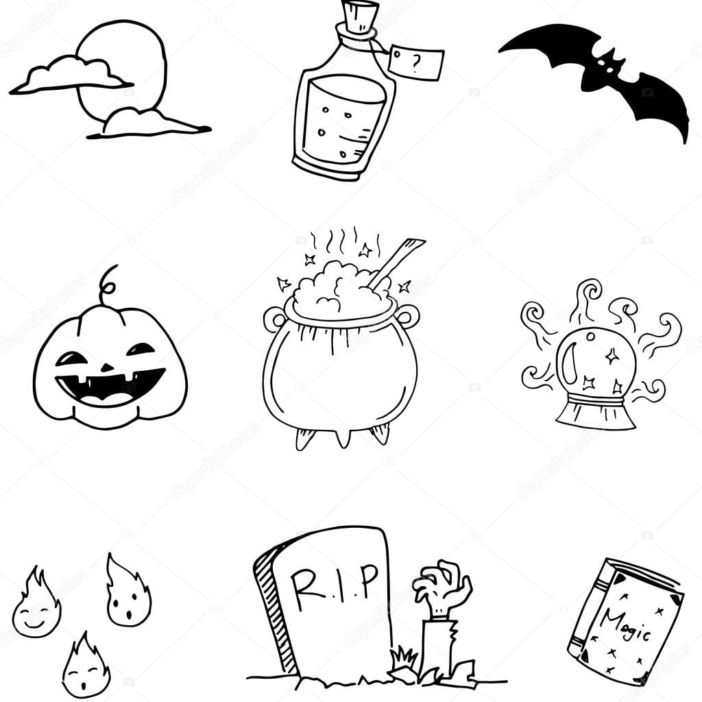 Doodle De Conjunto MÃ£o De Halloween Desenhar â Vetor De Stock