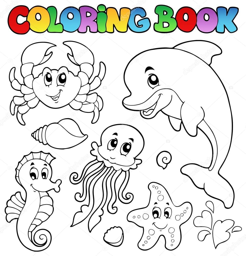 Livro Para Colorir De Diversos Animais Marinhos 2 â Vetor De Stock