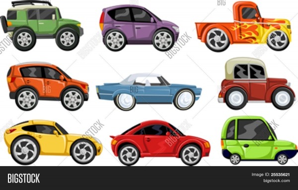 Conjunto De Nove Carros Coloridos Dos Desenhos Animados Bancos De