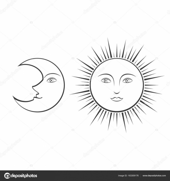 Lua E Sol Com Rostos, IlustraÃ§Ã£o De Linha Para Colorir â Vetores