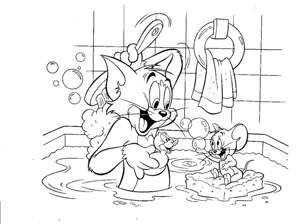 Desenho De Tom E Jerry Brincando Na Banheira Para Colorir