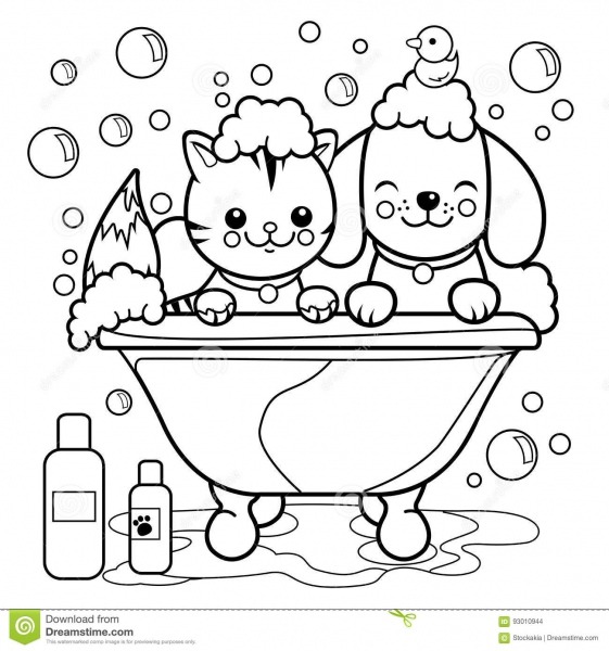 Dog And Cat Taking A Bath  Coloring Book Page  Stock Vector