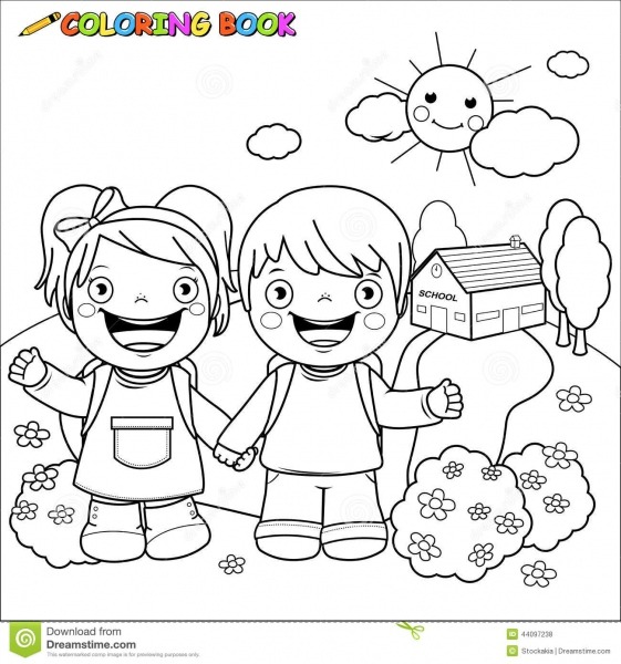 CrianÃ§as Do Livro Para Colorir Na Escola IlustraÃ§Ã£o Do Vetor